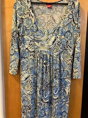 Sunny Leigh Blue Paisley Scoop Neck Dress. Large.